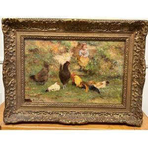 Paul Alfred Colin (1838-1916) “the Siesta” Oil On Wood Panel - Farmyard 