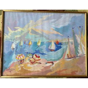 Louis André Cabane (20th Century) Oil On Paper - Beach Scene Circa 1930