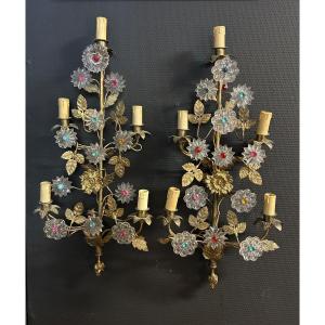 Important Pair Of Church Or Chapel Wall Lights In Gilded Brass And Glass, Late 19th Century, H 70 Cm