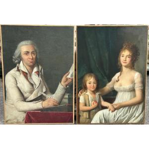 Portrait - Pair Of Portraits Of Couple And Child From The Directoire Or Empire Period H 92 Cm