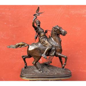 Pierre Jules Mène ( 1810-1879) Important Bronze Fauconnier Arabe à Cheval XIXéme H 78 Cm