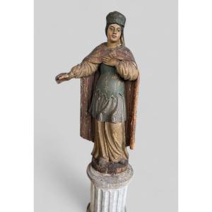 Importante Sainte En Bois Polychrome D’époque XVIIème - Sculpture Religieuse - Saint - H 142 cm