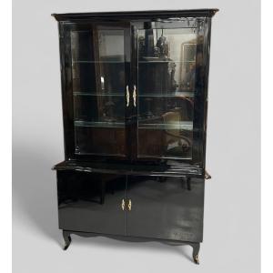 1950s Black Lacquered Two-body Display Cabinet - Bookcase 