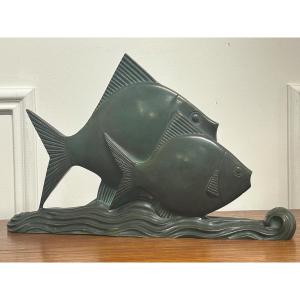  Rare Bronze Art Déco Poissons Patine Verte Vers 1930 