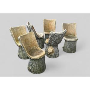 Suite De Six Chaises De Jardin En Ciment Imitant Le Bois Naturel Tronc D’arbre Vers 1950 