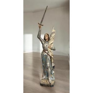 Grande Sculpture D’église Ou De Chapelle En Plâtre Polychrome Jeanne D’arc En Armure Vers 1900