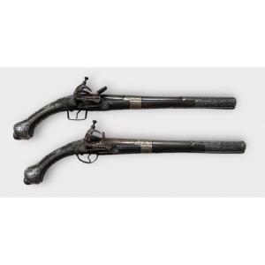 Pair Of "kubur" Pistols - Ottoman Balkan Turkish Empire Silver Chiseled Flintlock Pistol 1830