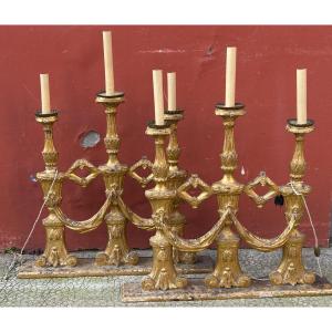 Pair Of Three-light Sconce Candlesticks In Gilded Wood From The 18th Century 