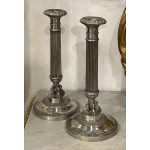 Pair Of Solid Silver Candlesticks, France, Restoration Period, Vieillard Hallmark (1819-1838)