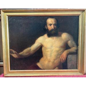 Male Nude - Academic Painting Oil On Canvas Late 19th Century - Portrait 