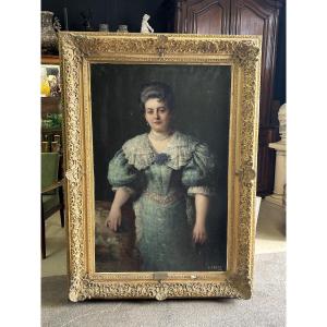 Important Portrait Of Countess Cécile d'Aspies - Oil On Canvas Signed Frank 1888 