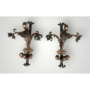 Important Pair Of Wrought Iron And Red Brass Wall Lights From The Late 19th Century H 88 Cm