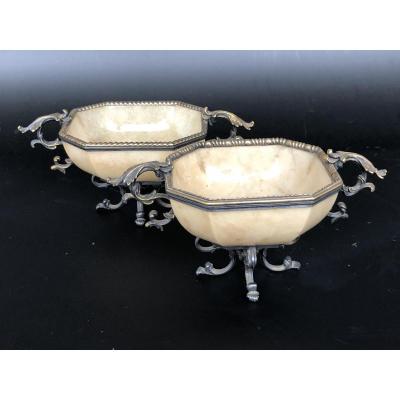 Pair Of Cups In Yellow Agate Mounted Silver Gold - XIXth