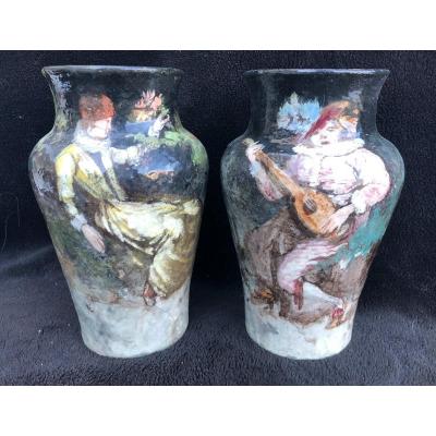 Paire De Vases Barbotine Impressionniste Montigny Sur Loing H 27 Cm