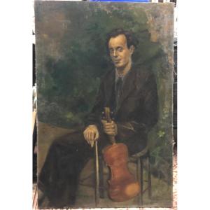 Important Portrait D’un Jeune Violoniste - Huile Sur Toile 1937  H 119cm