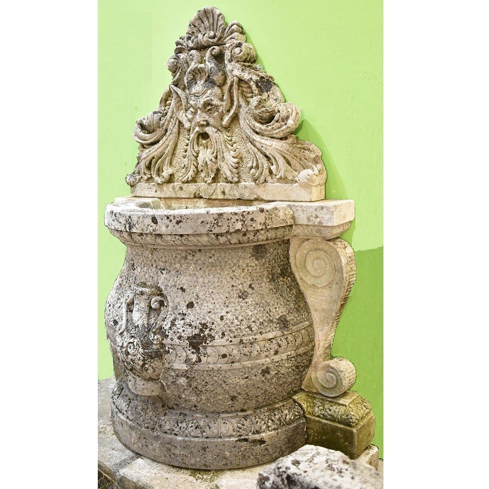 Antique Sculptures, Wall Fountain With Mask, Vicenza Stone, Late 19th Century. (sfon 71)-photo-4