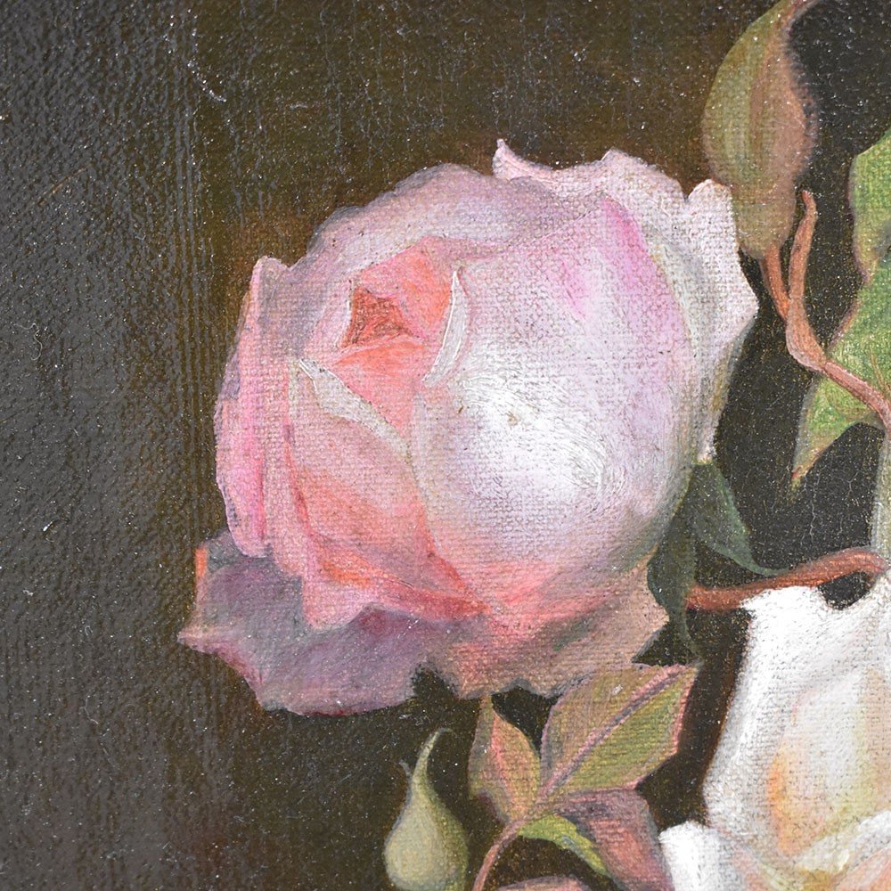 Still Life Painting, Roses Flowers Painting, Oil On Canvas, Antique Painting, XIX. (qf462)-photo-1