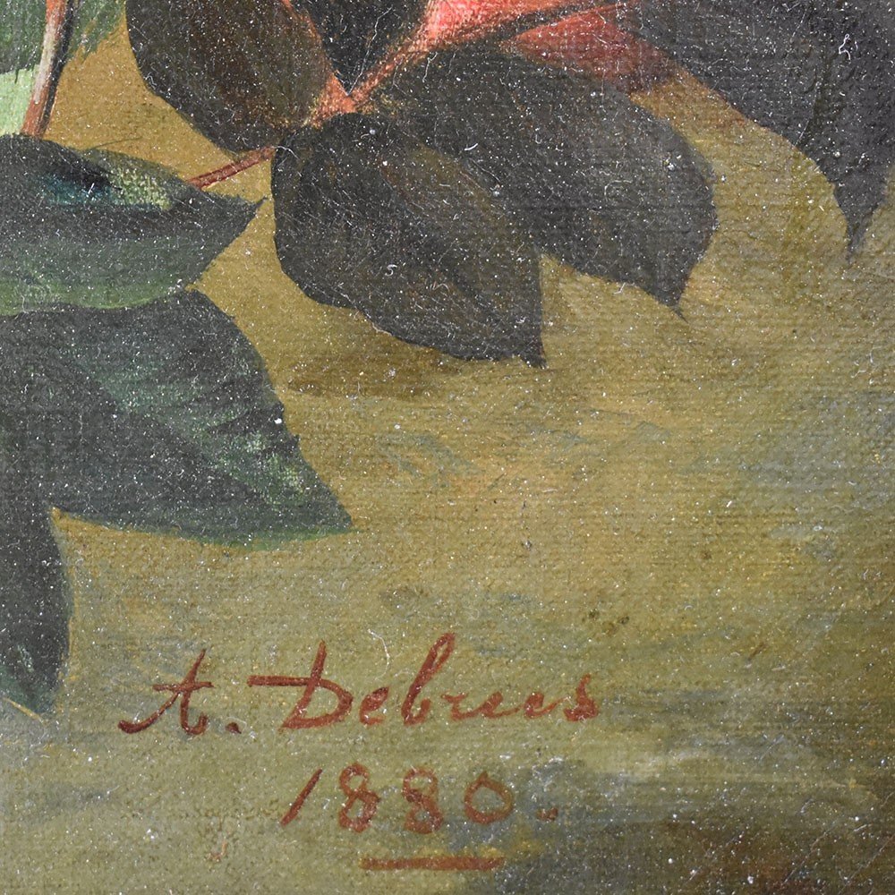 Still Life Painting, Roses Flowers Painting, Oil On Canvas, Antique Painting, XIX. (qf462)-photo-3