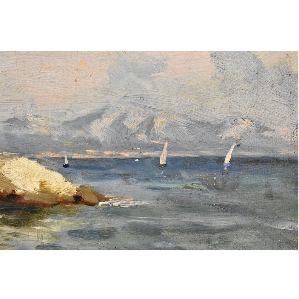 Tableau Marine Ancien, Petite Marina Avec Rocher, Fin Du XIX Siècle (QM481)-photo-4