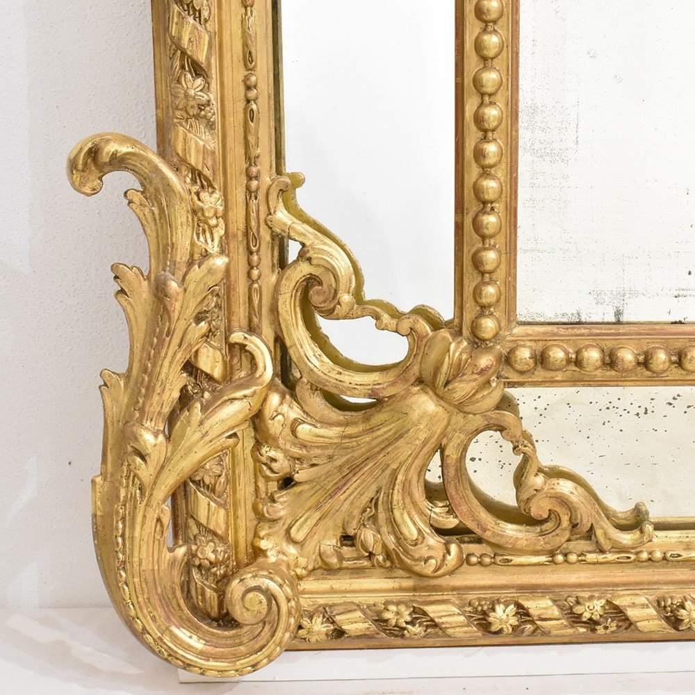 Antique Gold Mirror, Large Wall Mirror With Volutes And Flowers, Gold Leaf Frame, XIX Century. (spcp148)-photo-3