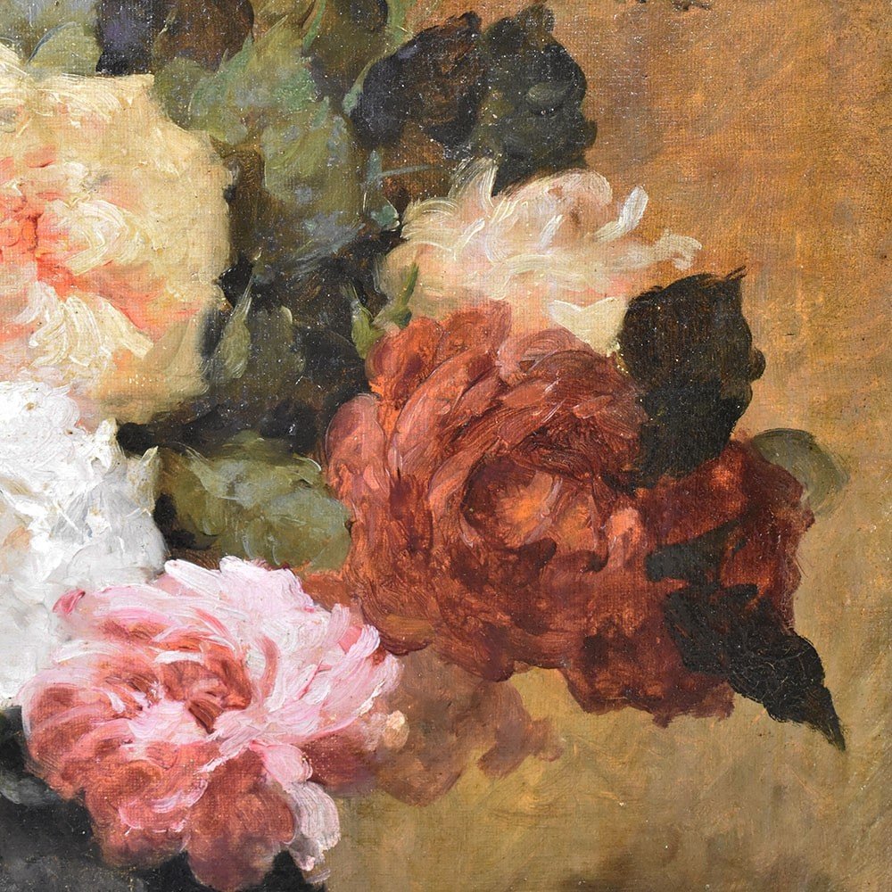 Antique Painting, Oil Painting Flowers Of Roses, Oil On Canvas, XIX Century. (qf495)-photo-4