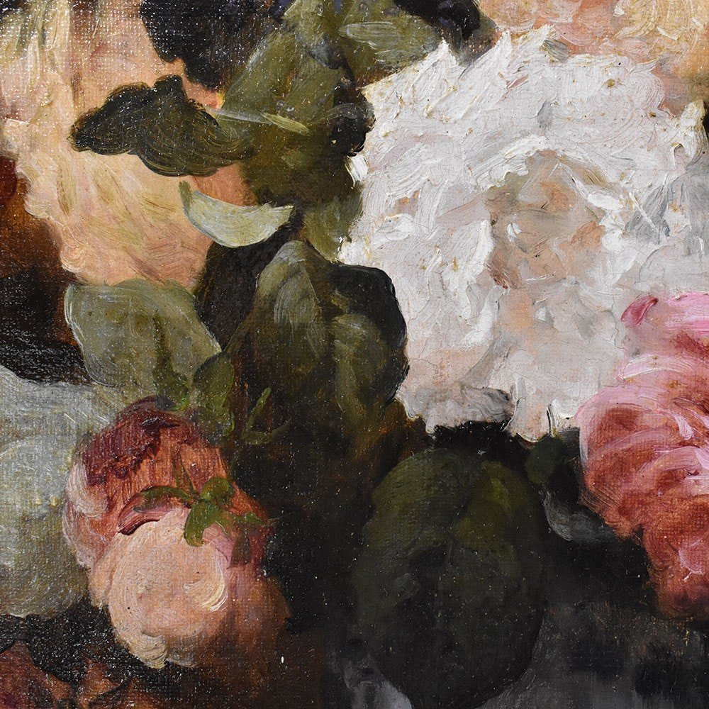 Antique Painting, Oil Painting Flowers Of Roses, Oil On Canvas, XIX Century. (qf495)-photo-3