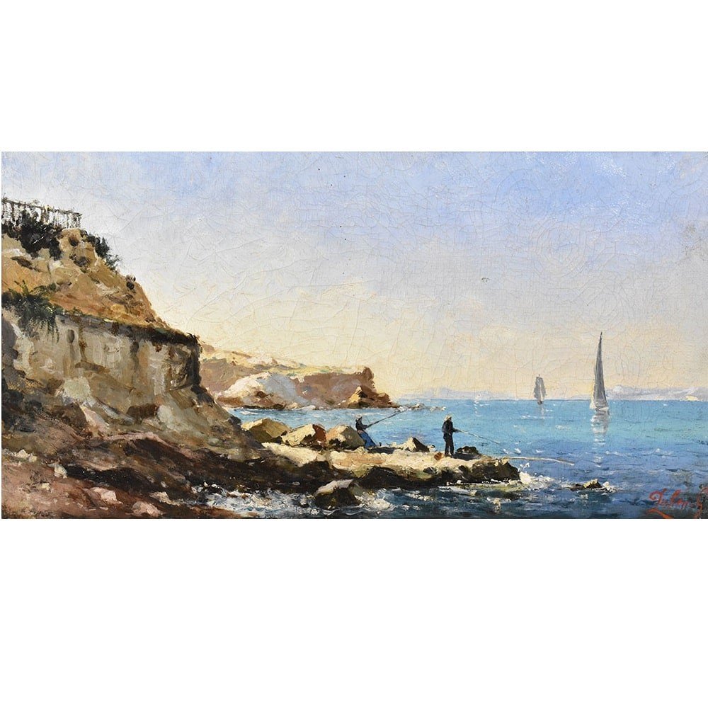 Antique Painting, Marine Painting, Fishermen, 19th Century. (qm498)-photo-2