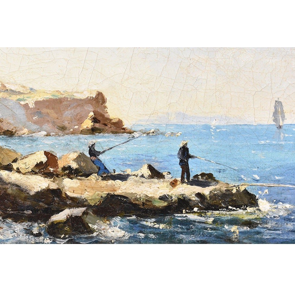 Antique Painting, Marine Painting, Fishermen, 19th Century. (qm498)-photo-4