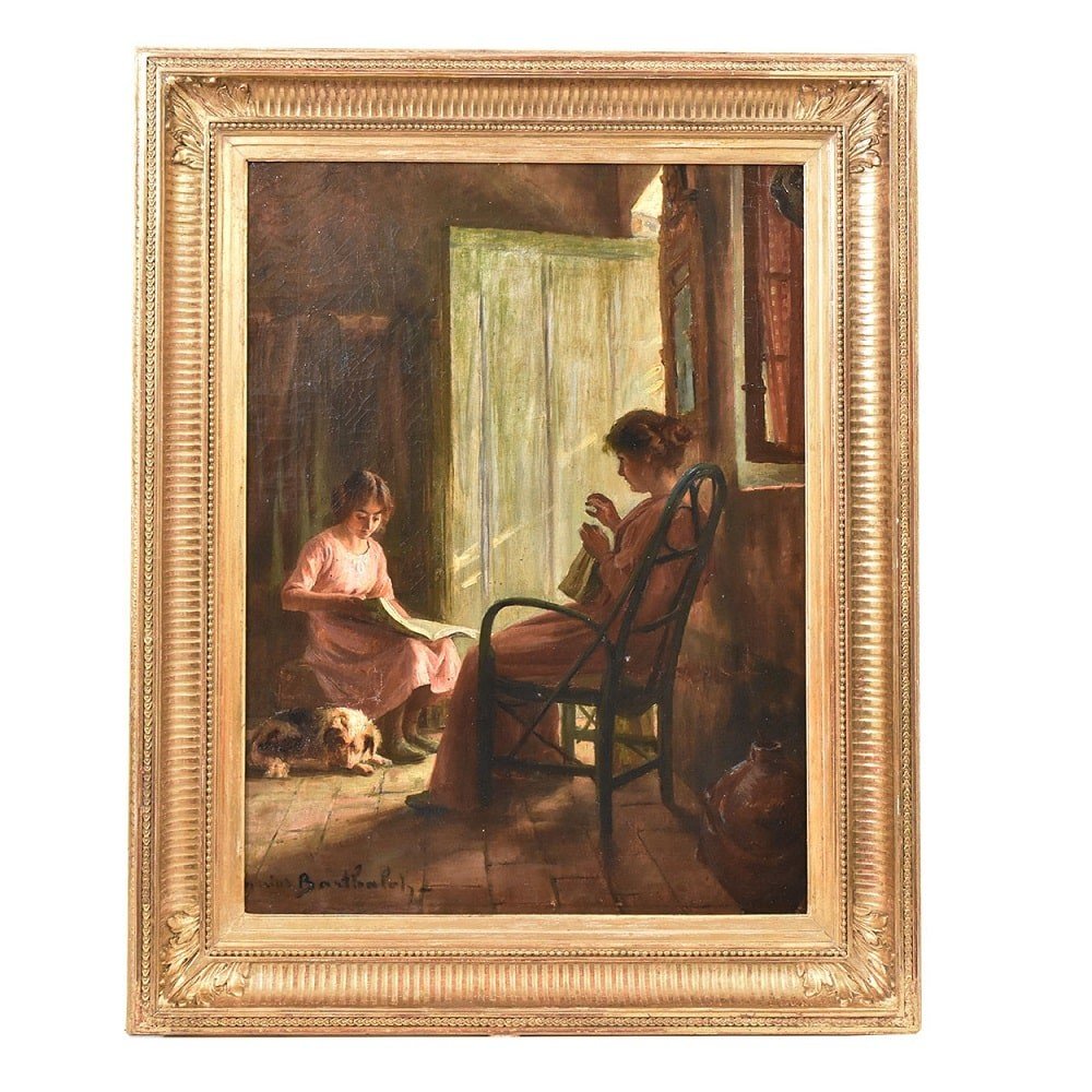 Antique Painting, Woman Portrait Painting With A Girl, French Painter, Oil On Canvas. (qr502)