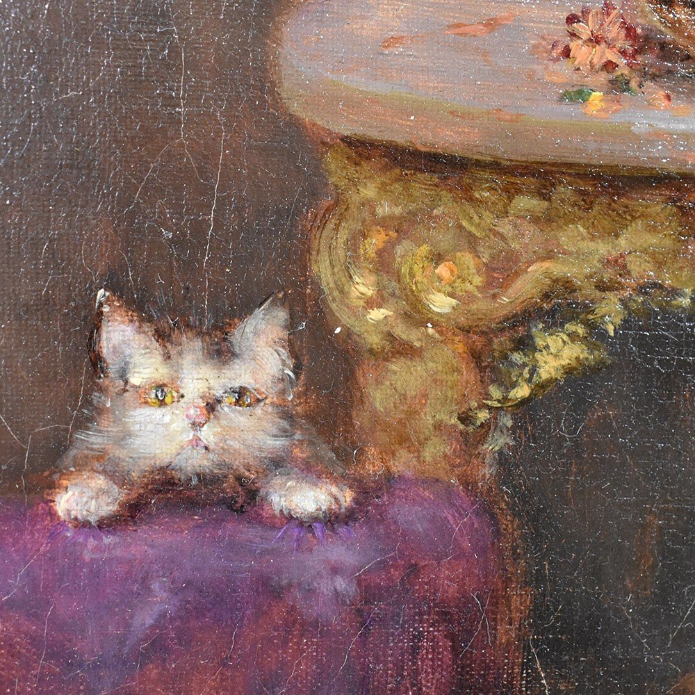 Cats Portrait Painting, Portraits Of Cats, Oil Painting On Canvas, 19th Century. (qa503)-photo-3