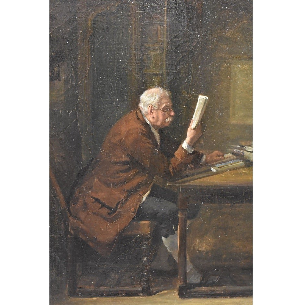 Antique Painting, Interior With Portrait Of A Man Reading, 19th Century. (qr510)-photo-2