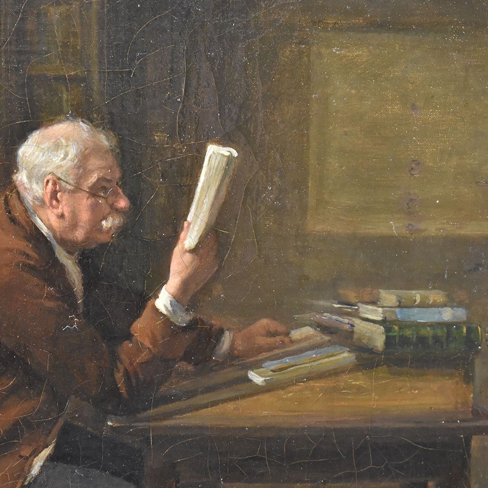 Antique Painting, Interior With Portrait Of A Man Reading, 19th Century. (qr510)-photo-4