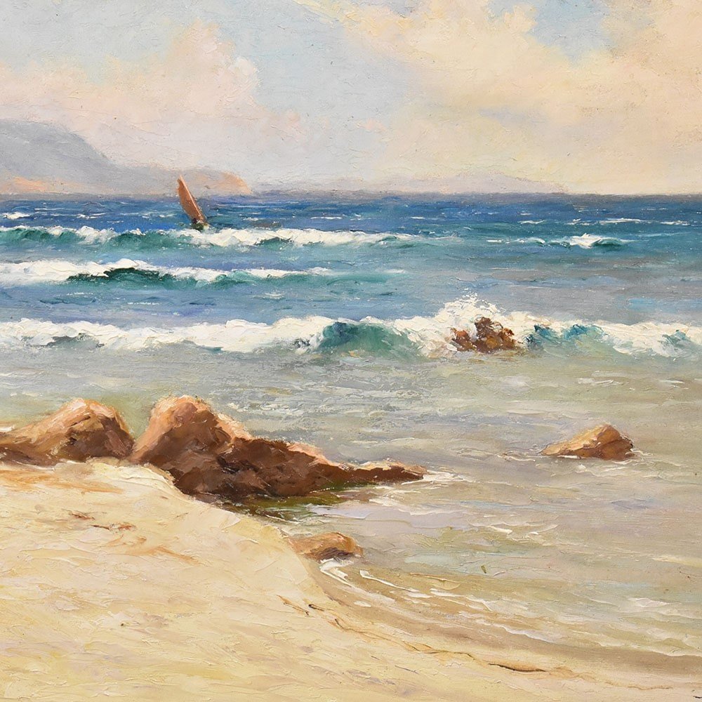 Marine Painting, Cote Azur Painting, Seascape Painting, Early 20th Century. (qm516)-photo-4