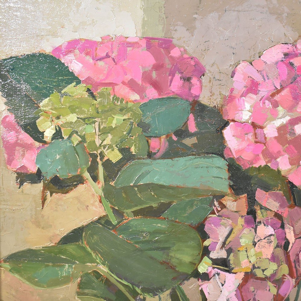 Tableaux Anciens Fleurs, Georges Schirmann, Peinture Fleurs D'Hortensia, XXè Siècle. (QF519)-photo-4