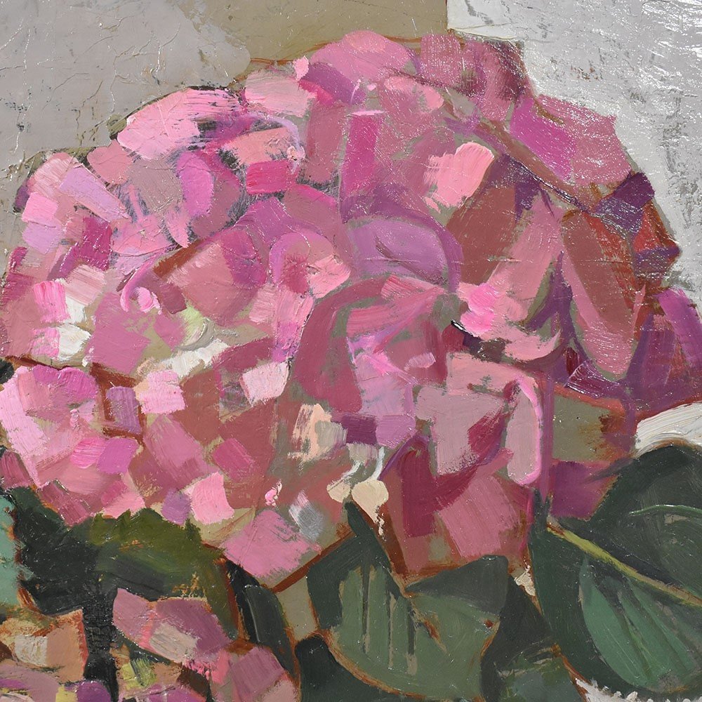 Tableaux Anciens Fleurs, Georges Schirmann, Peinture Fleurs D'Hortensia, XXè Siècle. (QF519)-photo-2