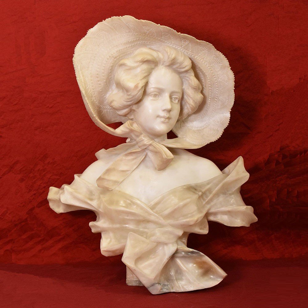 Antique Marble And Alabaster Sculptures, Bust Of Young Girl With Hat Sculpture, 19th. (stal72)-photo-2