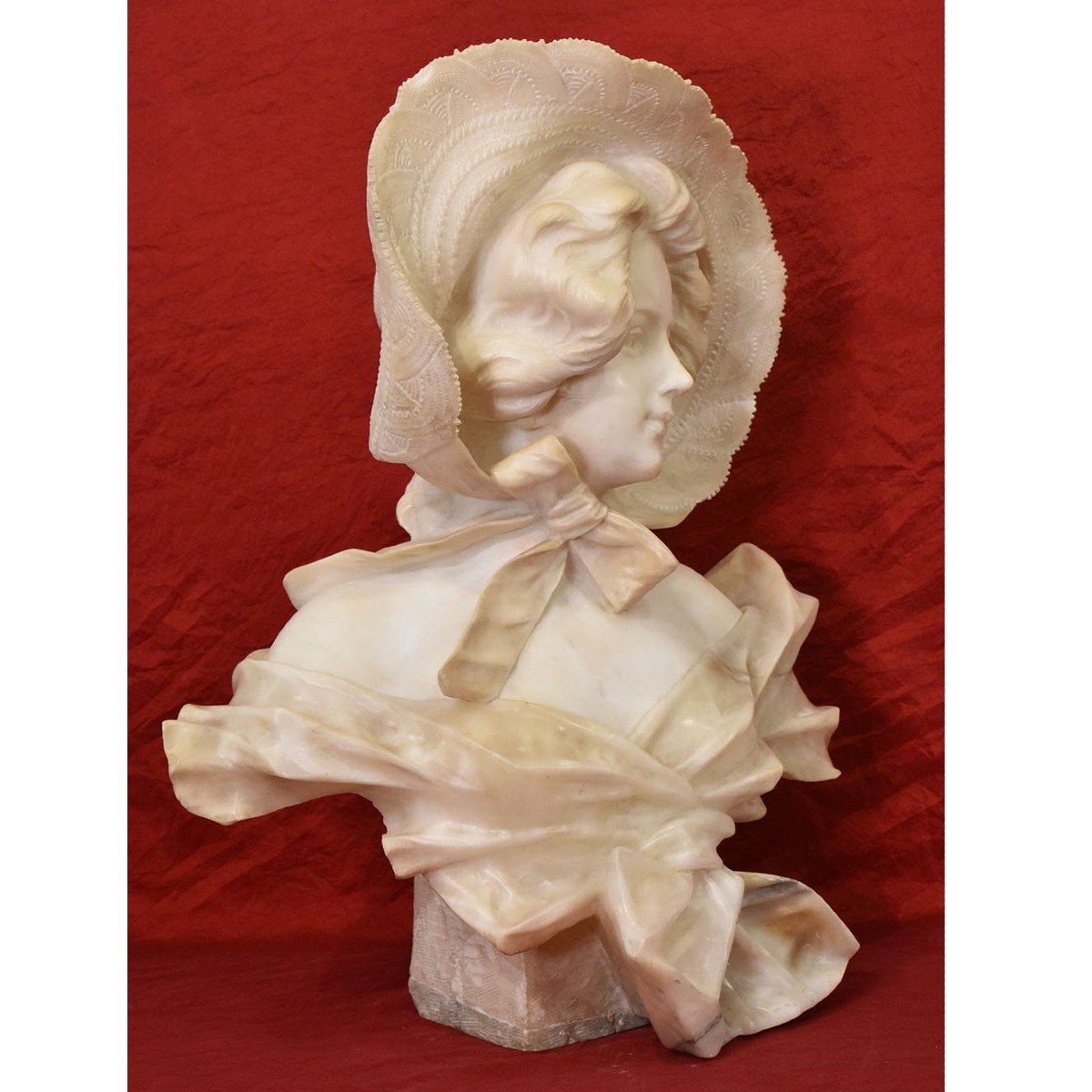 Antique Marble And Alabaster Sculptures, Bust Of Young Girl With Hat Sculpture, 19th. (stal72)-photo-3