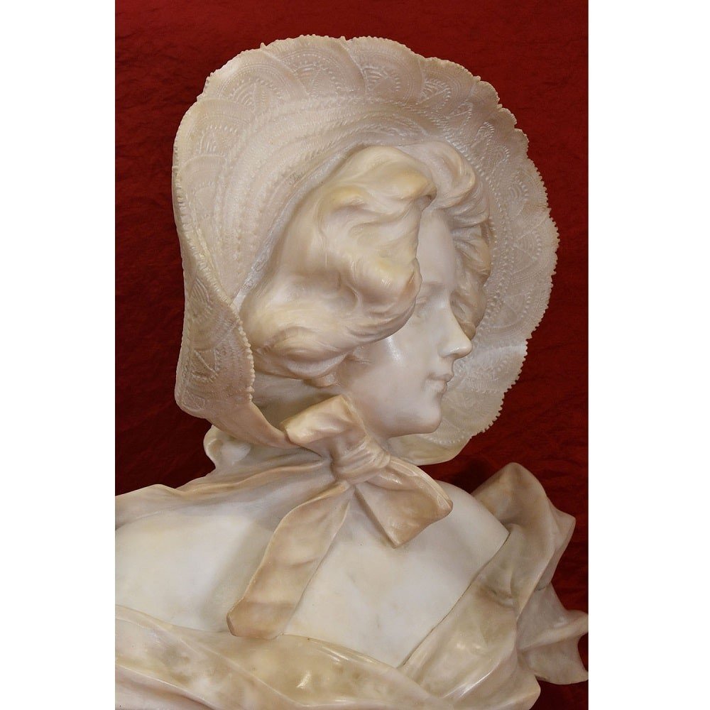 Antique Marble And Alabaster Sculptures, Bust Of Young Girl With Hat Sculpture, 19th. (stal72)-photo-4