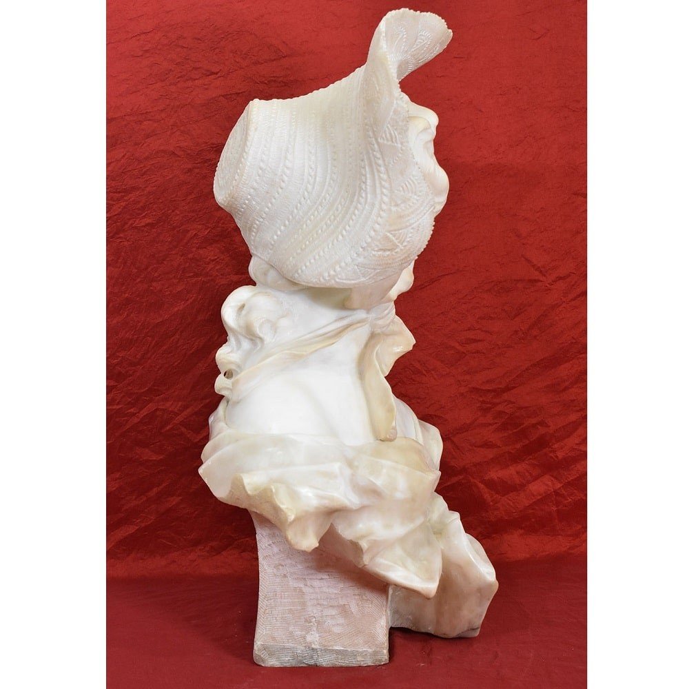 Antique Marble And Alabaster Sculptures, Bust Of Young Girl With Hat Sculpture, 19th. (stal72)-photo-1