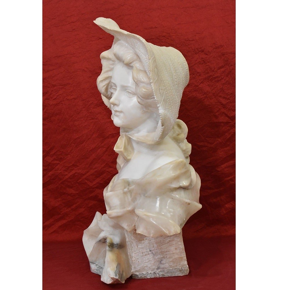 Antique Marble And Alabaster Sculptures, Bust Of Young Girl With Hat Sculpture, 19th. (stal72)-photo-2