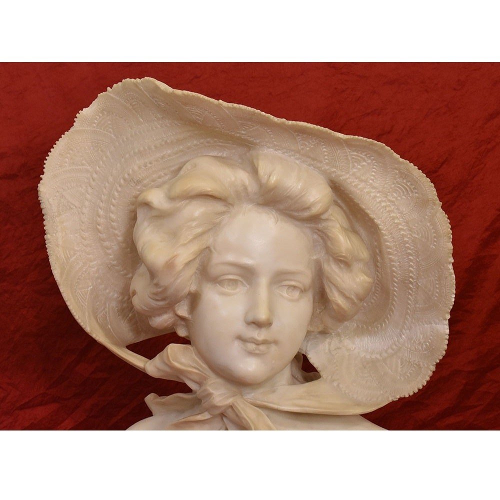 Antique Marble And Alabaster Sculptures, Bust Of Young Girl With Hat Sculpture, 19th. (stal72)-photo-3