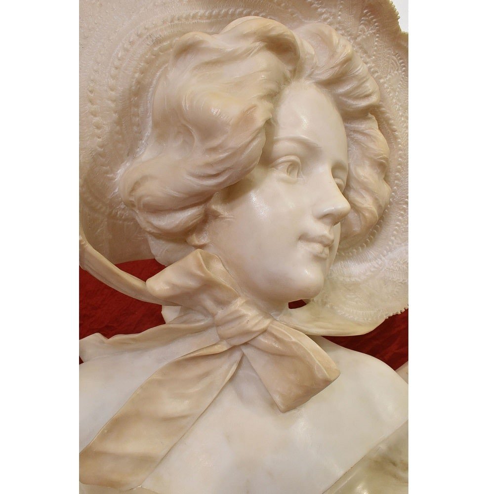 Antique Marble And Alabaster Sculptures, Bust Of Young Girl With Hat Sculpture, 19th. (stal72)-photo-4