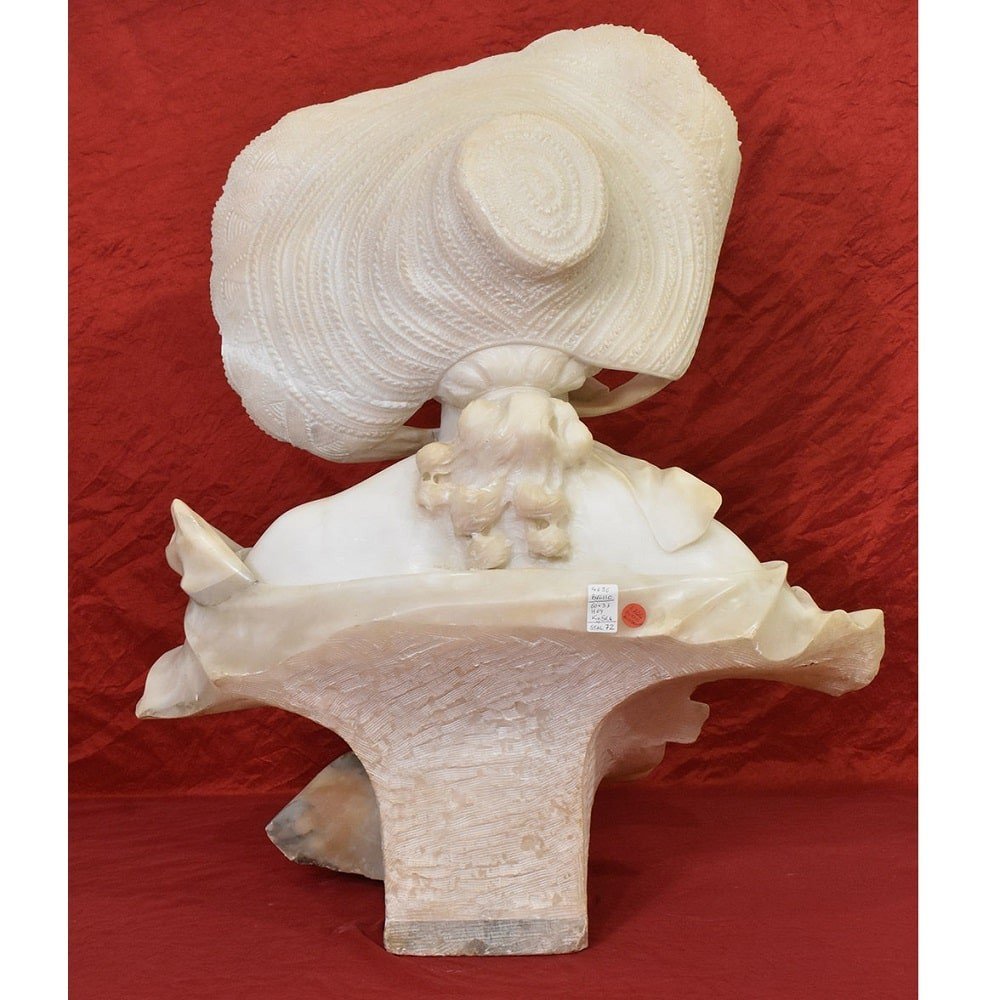 Antique Marble And Alabaster Sculptures, Bust Of Young Girl With Hat Sculpture, 19th. (stal72)-photo-5