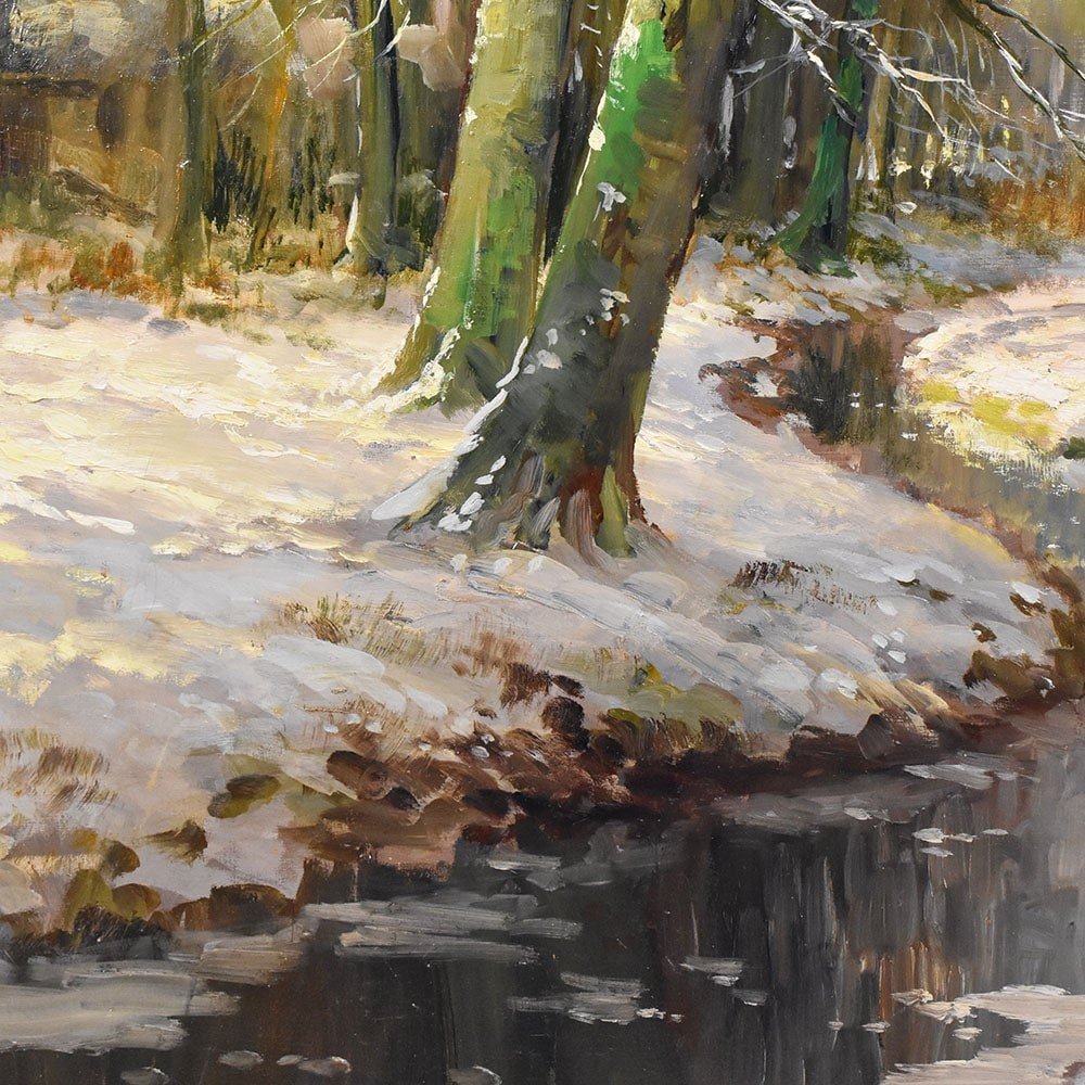 Landscape Painting Under Woods With Snow, Antique Oil Landscape, XX. (qp529)-photo-3