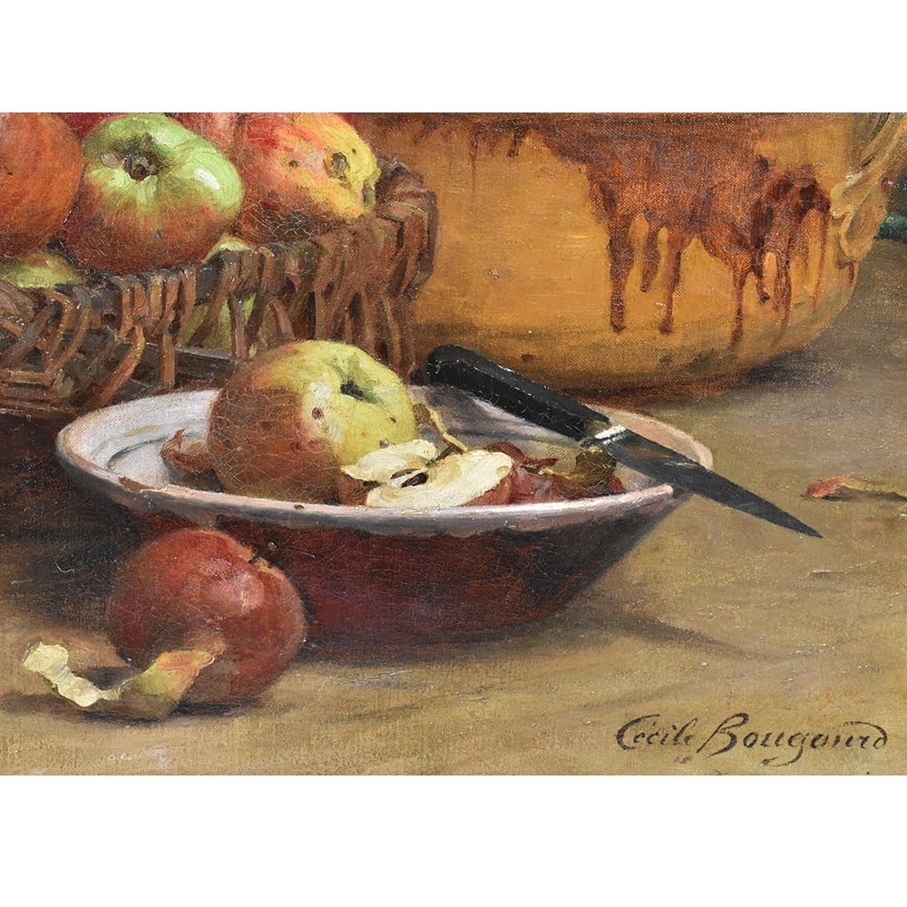 Still Life Painting With Red Apples And Knife, Oil On Canvas, Antique Painting Late XIX (qnm546-photo-3
