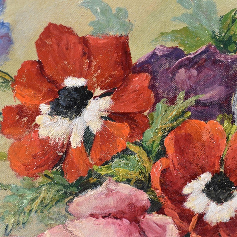 Tableau Ancien Fleurs, Schwab, Bouquet De Anémones, Art Déco, Peinture Fleurs. (QF551) -photo-3