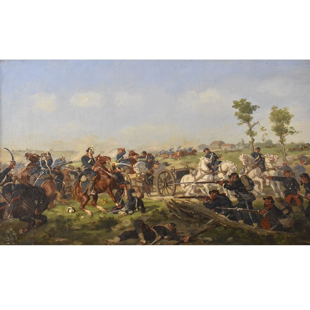 Antique Painting, Landscape With Battle, Battle Scene, XIX Century. (qp561)-photo-2