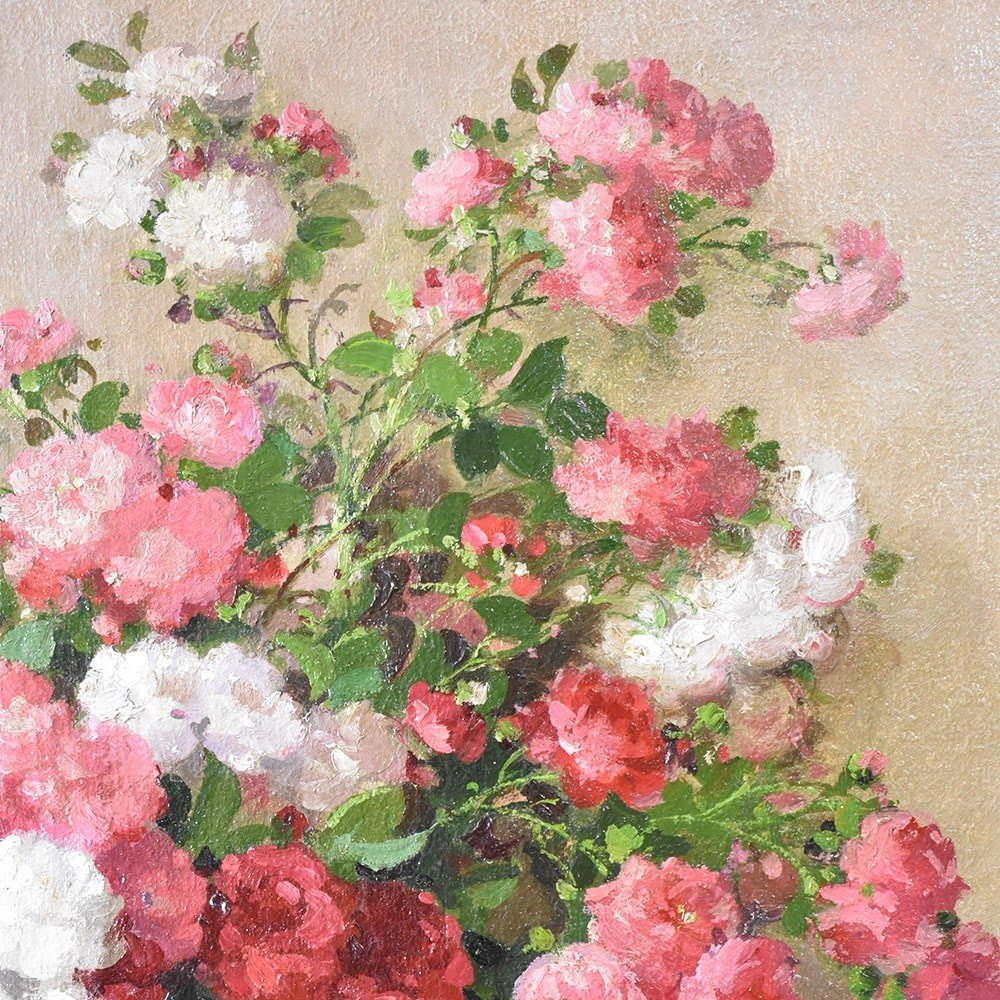 Art Deco Still Life Painting, Flowers Vase Painting, Small Roses, Oil, Art Deco.(qf563)-photo-1