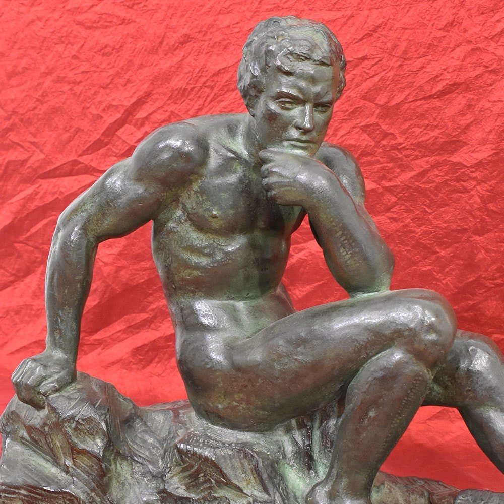 Antique Bronze Statues, Male Figure, Seated Man, 20th Century, Art Deco. (stb79)-photo-3