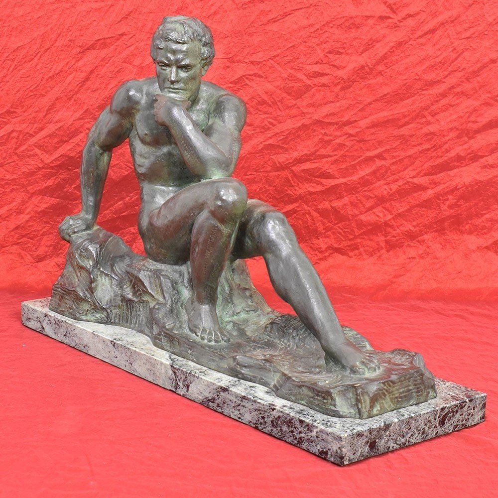 Antique Bronze Statues, Male Figure, Seated Man, 20th Century, Art Deco. (stb79)-photo-1